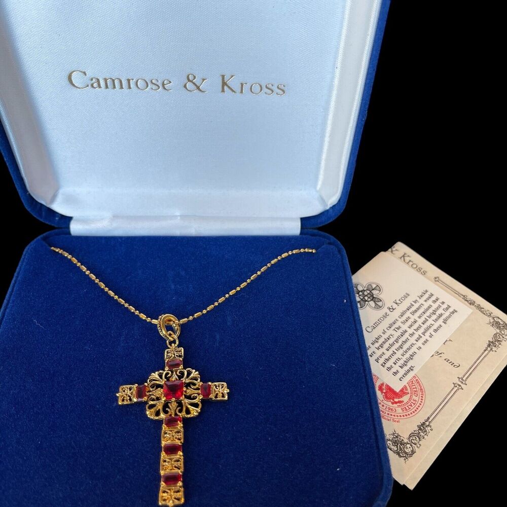 CAMROSE & KROSS Jacqueline Kennedy JBK Red & Gold Cross Necklace in Box